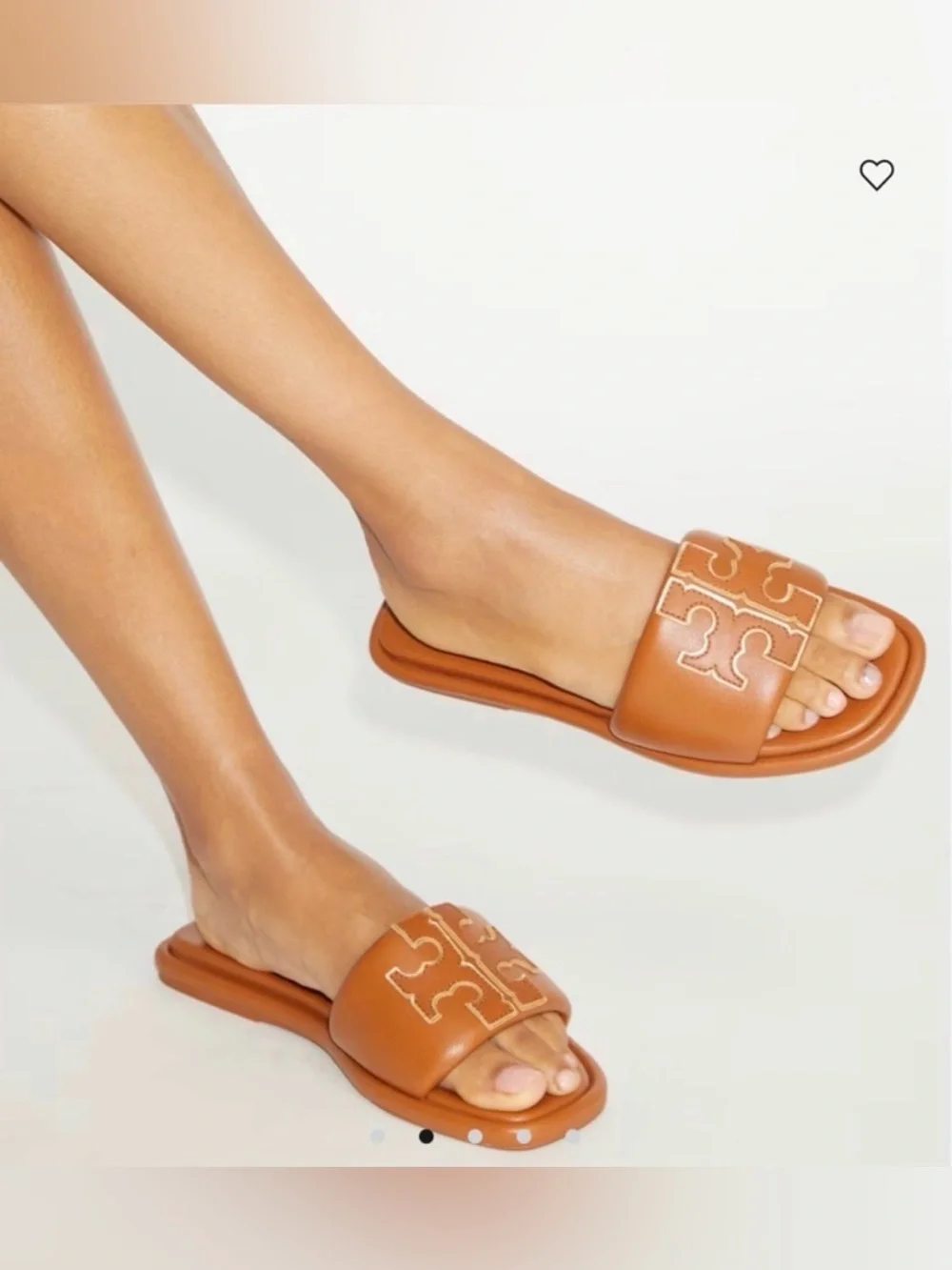 Tory Burch Tan Miele & Gold Leather Double T Sport Slide Sandals